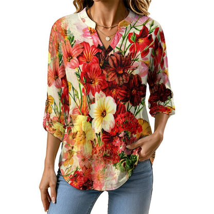 Women's Notched V Neck Tunic Tops, Roll Up 3/4 Sleeve Button Cuff Casual Blouse, Hem Loose Work Shirts Red Flowers