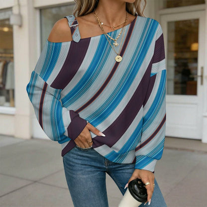 Off-the-shoulder Sweater Blue Smooth Pattern  Asymmetric Cold Shoulder Knit Sweater for Women, Adjustable Buckle Strap Long Sleeve Casual Slouchy Pullover