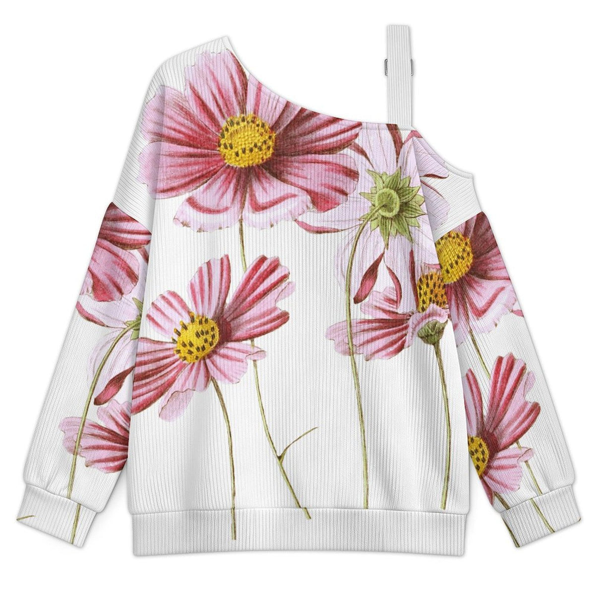 Off-the-shoulder Sweater Fleurs Des Cosmos Dessin  Asymmetric Cold Shoulder Knit Sweater for Women, Adjustable Buckle Strap Long Sleeve Casual Slouchy Pullover