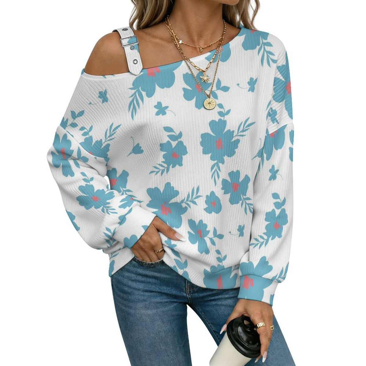 Off-the-shoulder Sweater Floral Pattern  Asymmetric Cold Shoulder Knit Sweater for Women, Adjustable Buckle Strap Long Sleeve Casual Slouchy Pullover