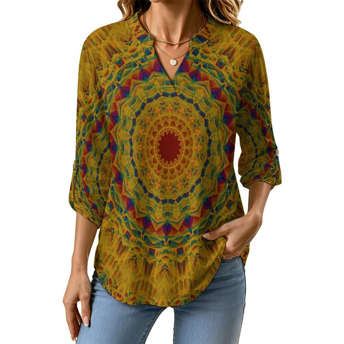 Stand-up Collar Long-sleeved Shirt Retro Pattern, Background  Customization Women’s V-Neck Blouses,long Sleeve,Roll-Up Sleeve Shirt