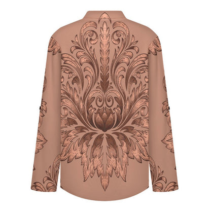 Stand-up Collar Long-sleeved Shirt Red, Retro Pattern  Customization Women’s V-Neck Blouses,long Sleeve,Roll-Up Sleeve Shirt