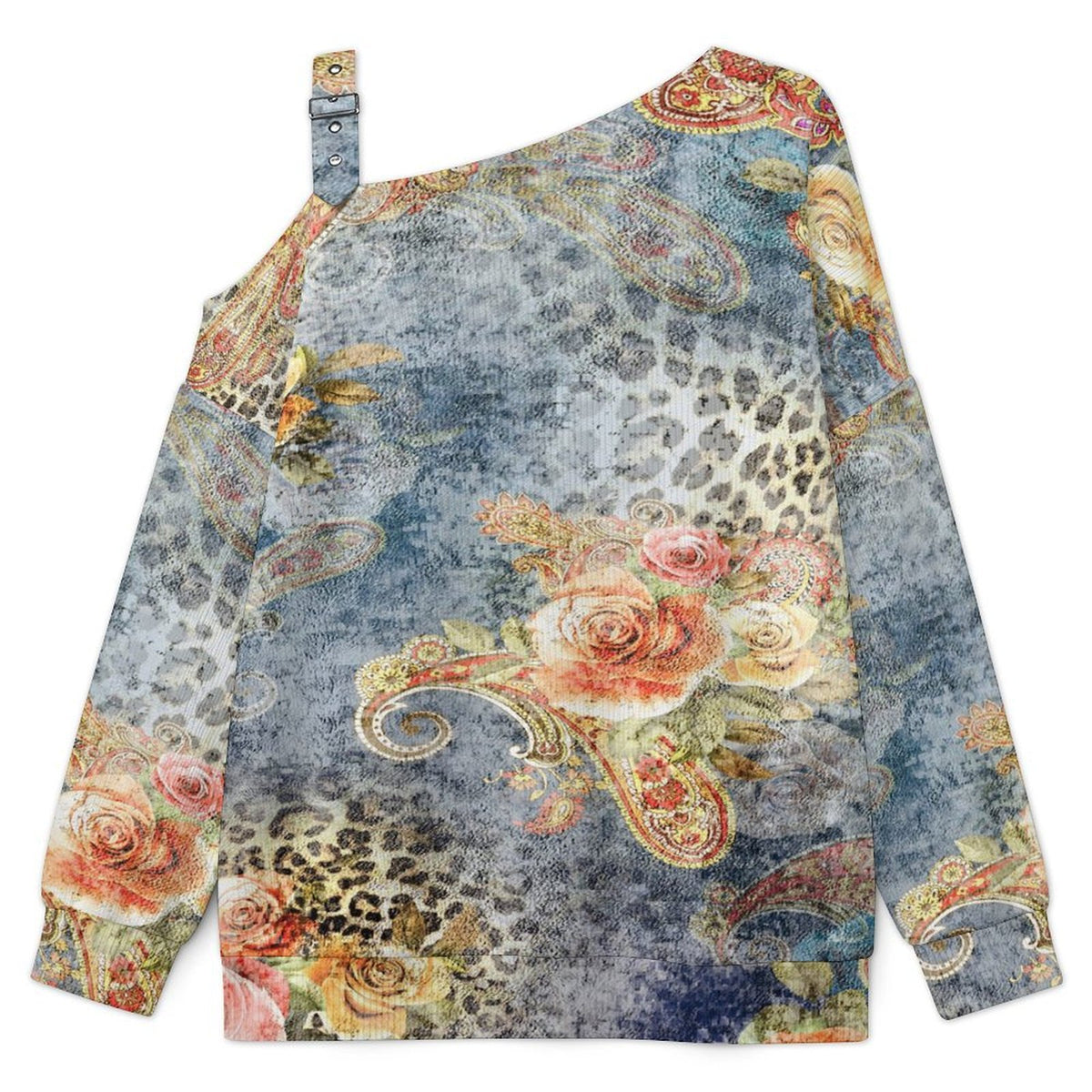 Off-the-shoulder Sweater Exotic Ethnic Patterns  Asymmetric Cold Shoulder Knit Sweater for Women, Adjustable Buckle Strap Long Sleeve Casual Slouchy Pullover