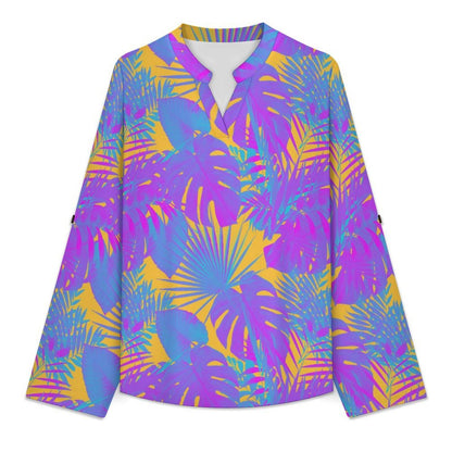 Plant Summer  Versatile Notched V-Neck Tunic | Roll Tab 3/4 Sleeve Office Casual Top