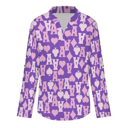 Stand-up Collar Long-sleeved Shirt Poker A  Customization Women’s V-Neck Blouses,long Sleeve,Roll-Up Sleeve Shirt