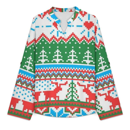 Versatile Notched V-Neck Tunic  Roll Tab 3/4 Sleeve Office Casual Top  Christmas Pattern