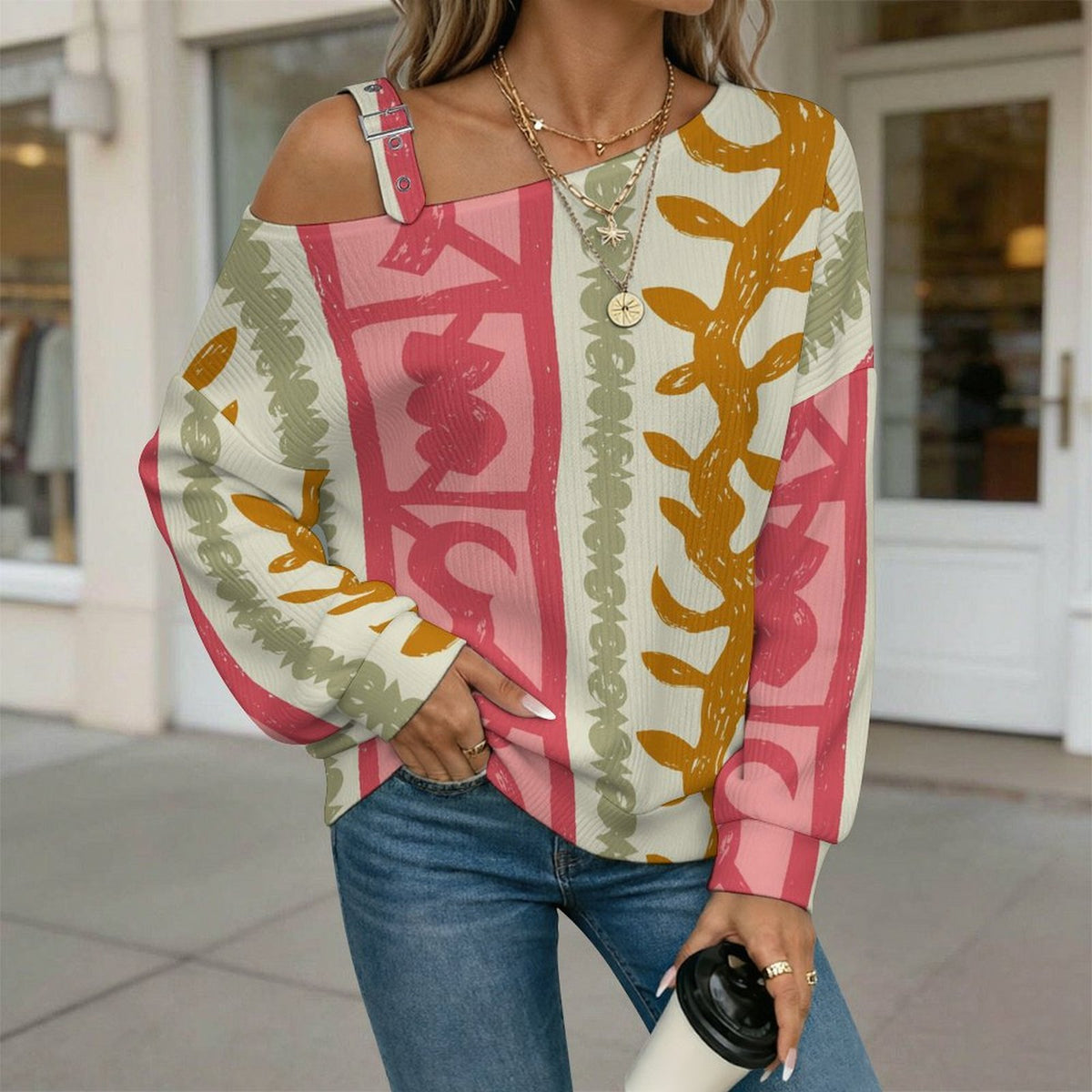 Off-the-shoulder Sweater Pattern  Asymmetric Cold Shoulder Knit Sweater for Women, Adjustable Buckle Strap Long Sleeve Casual Slouchy Pullover