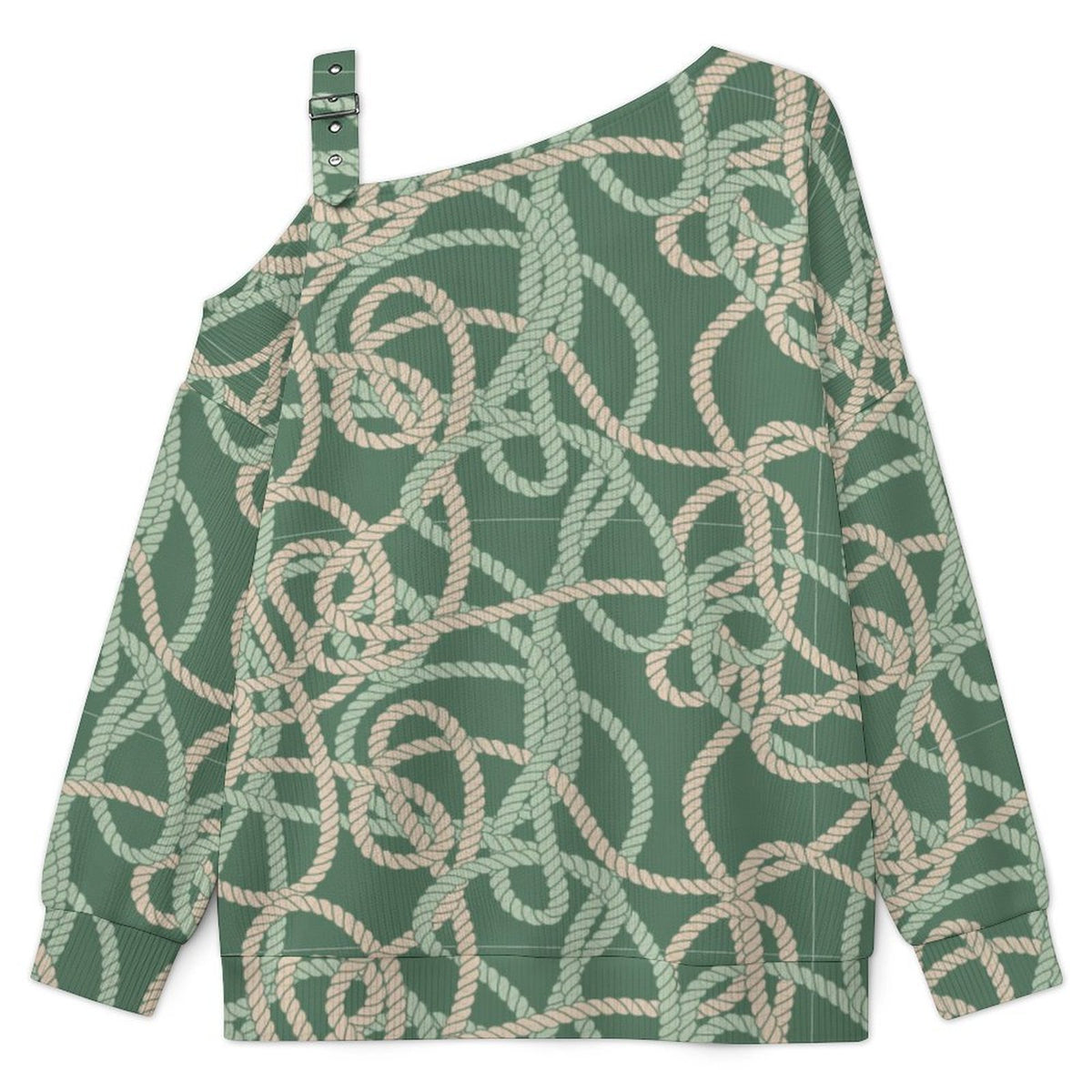 Off-the-shoulder Sweater Rope Pattern  Asymmetric Cold Shoulder Knit Sweater for Women, Adjustable Buckle Strap Long Sleeve Casual Slouchy Pullover