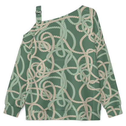 Off-the-shoulder Sweater Rope Pattern  Asymmetric Cold Shoulder Knit Sweater for Women, Adjustable Buckle Strap Long Sleeve Casual Slouchy Pullover
