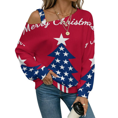 Off-the-shoulder Sweater Christmas Tree Flag of The United States  Asymmetric Cold Shoulder Knit Sweater for Women, Adjustable Buckle Strap Long Sleeve Casual Slouchy Pullover