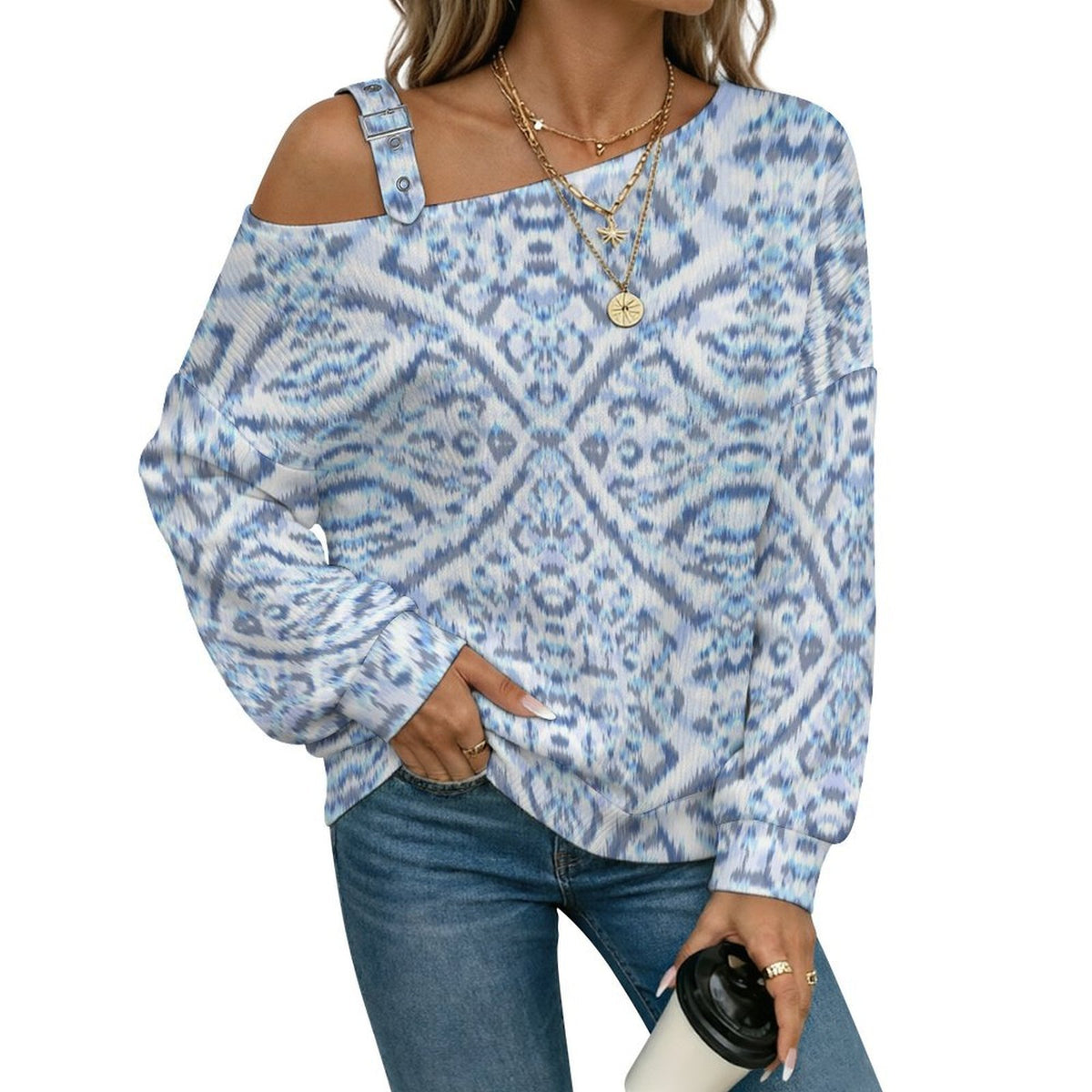 Off-the-shoulder Sweater European Retro Pattern  Asymmetric Cold Shoulder Knit Sweater for Women, Adjustable Buckle Strap Long Sleeve Casual Slouchy Pullover