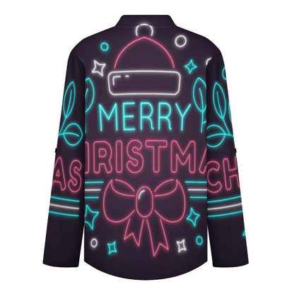 Stand-up Collar Long-sleeved Shirt Merry Christmas  Customization Women’s V-Neck Blouses,long Sleeve,Roll-Up Sleeve Shirt