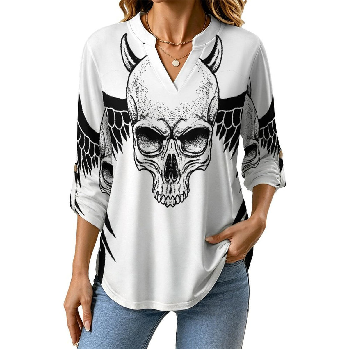 Stand-up Collar Long-sleeved Shirt Skull T-shirt  Customization Women’s V-Neck Blouses,long Sleeve,Roll-Up Sleeve Shirt