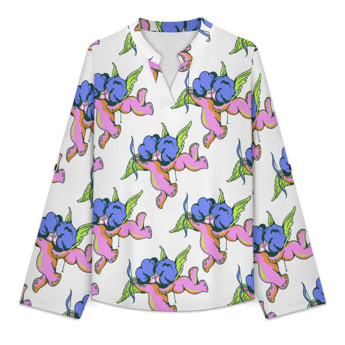 Stand-up Collar Long-sleeved Shirt Octopus Angel Pattern  Customization Women’s V-Neck Blouses,long Sleeve,Roll-Up Sleeve Shirt
