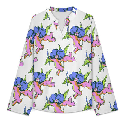 Stand-up Collar Long-sleeved Shirt Octopus Angel Pattern  Customization Women’s V-Neck Blouses,long Sleeve,Roll-Up Sleeve Shirt