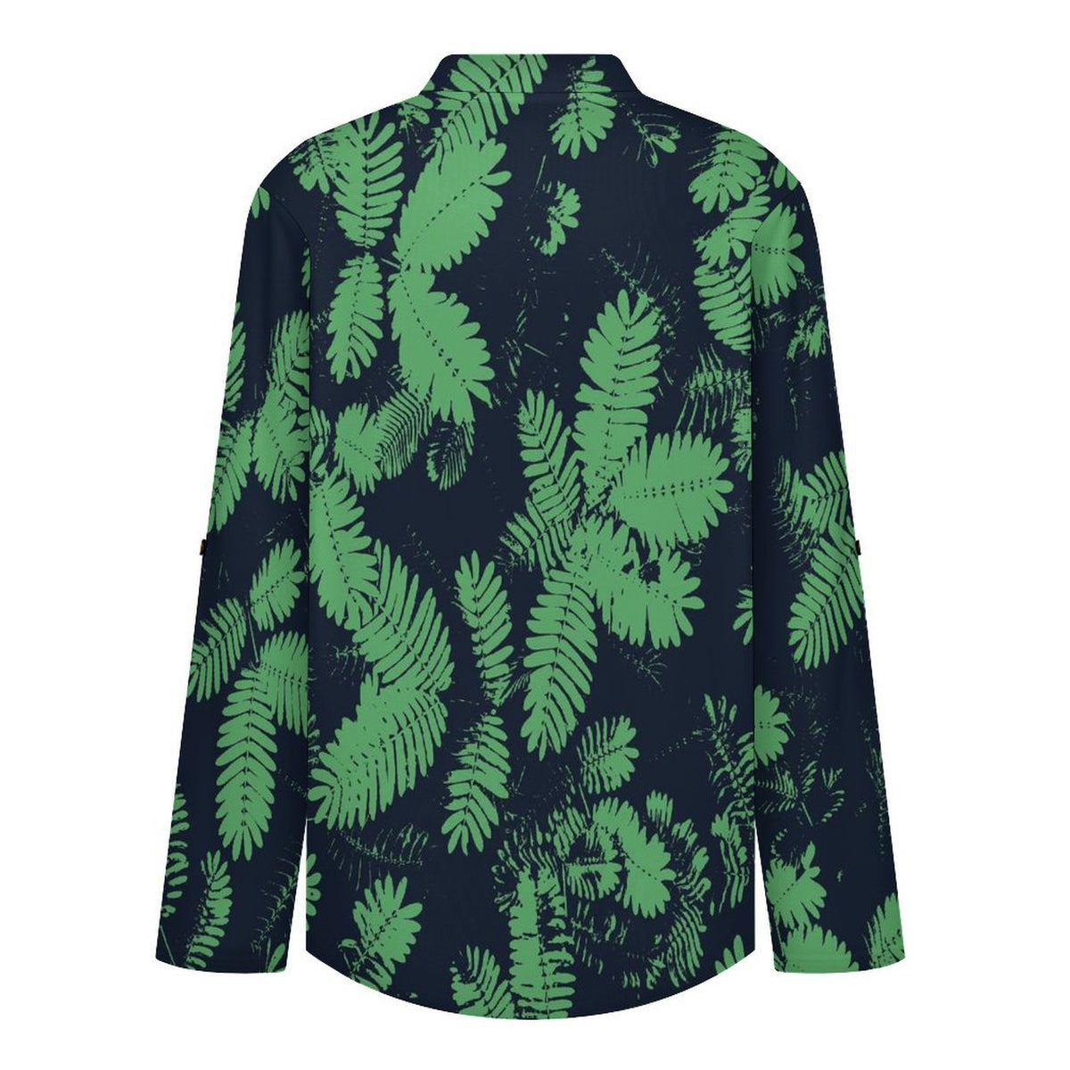 Stand-up Collar Long-sleeved Shirt Green Leaves  Customization Women’s V-Neck Blouses,long Sleeve,Roll-Up Sleeve Shirt