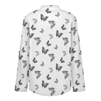 Versatile Notched V-Neck Tunic | Roll Tab 3/4 Sleeve Office Casual Top  Black And White Butterfly