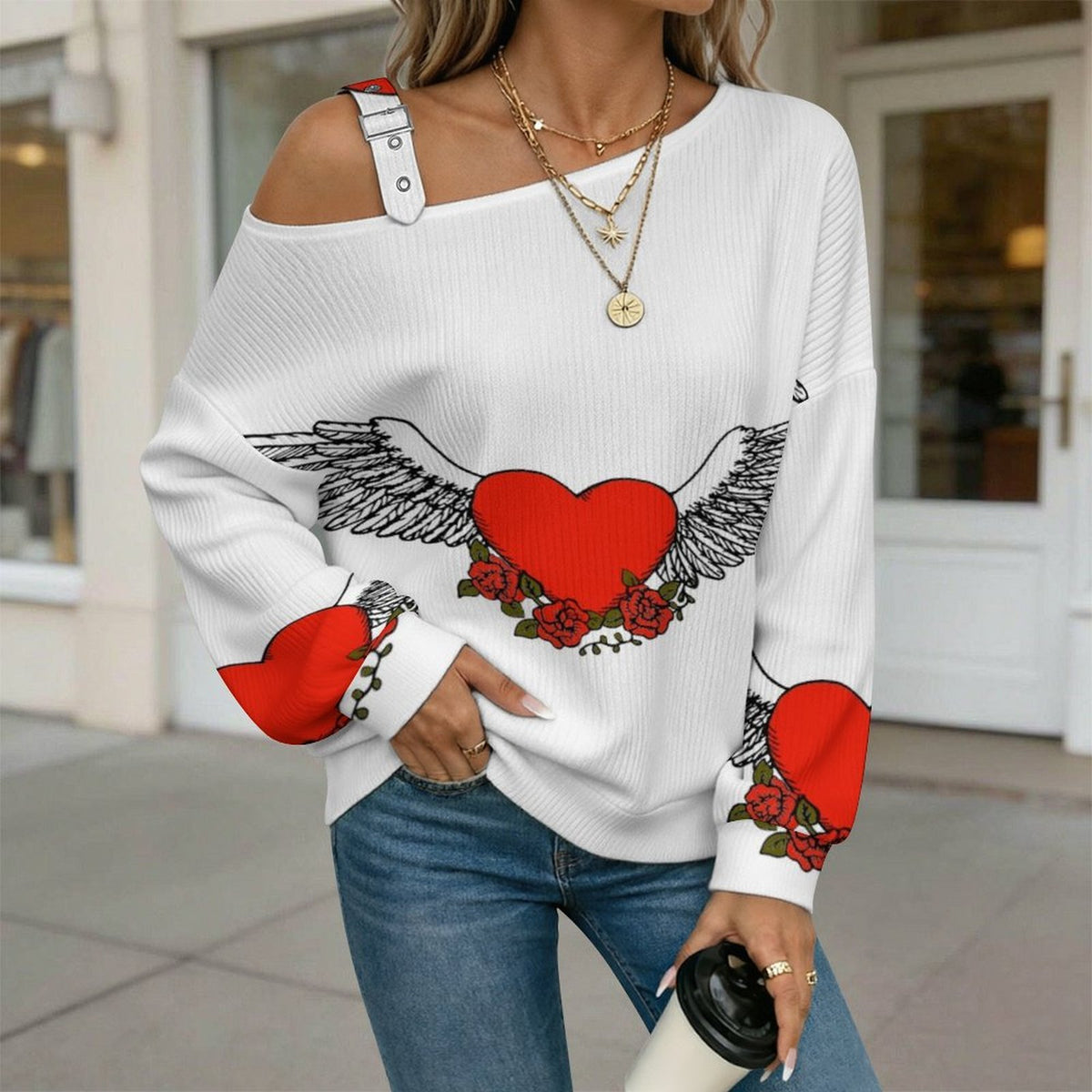 Off-the-shoulder Sweater Wing Heart  Asymmetric Cold Shoulder Knit Sweater for Women, Adjustable Buckle Strap Long Sleeve Casual Slouchy Pullover