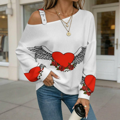 Off-the-shoulder Sweater Wing Heart  Asymmetric Cold Shoulder Knit Sweater for Women, Adjustable Buckle Strap Long Sleeve Casual Slouchy Pullover