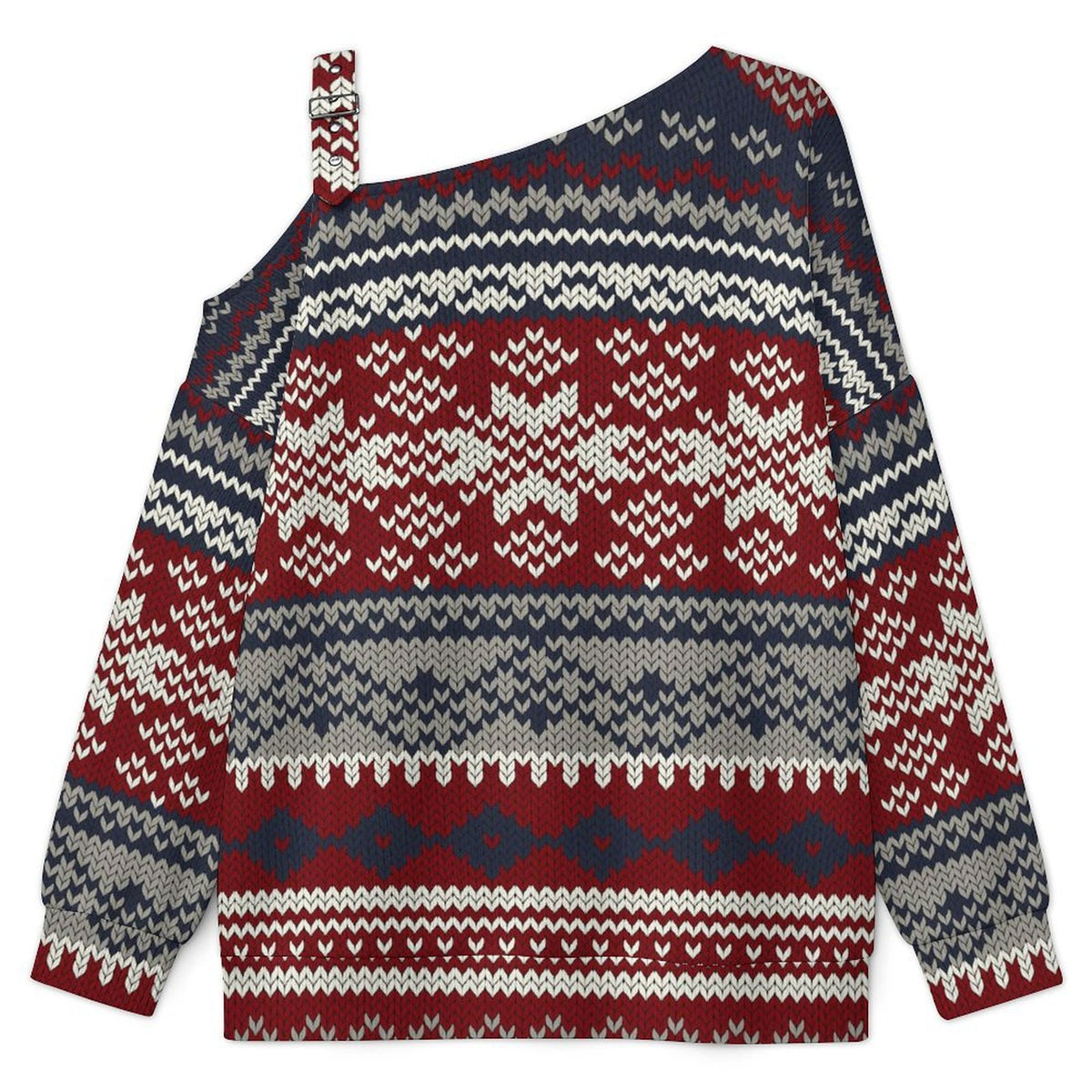 Off-the-shoulder Sweater European Retro Pattern  Asymmetric Cold Shoulder Knit Sweater for Women, Adjustable Buckle Strap Long Sleeve Casual Slouchy Pullover