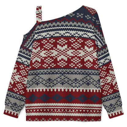 Off-the-shoulder Sweater European Retro Pattern  Asymmetric Cold Shoulder Knit Sweater for Women, Adjustable Buckle Strap Long Sleeve Casual Slouchy Pullover
