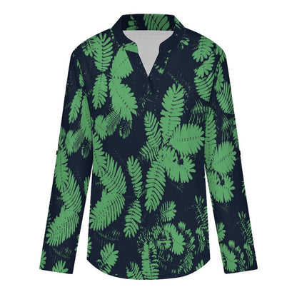 Stand-up Collar Long-sleeved Shirt Green Leaves  Customization Women’s V-Neck Blouses,long Sleeve,Roll-Up Sleeve Shirt