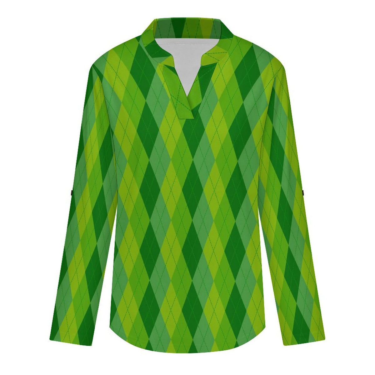 Stand-up Collar Long-sleeved Shirt Green, Rhombic  Customization Women’s V-Neck Blouses,long Sleeve,Roll-Up Sleeve Shirt
