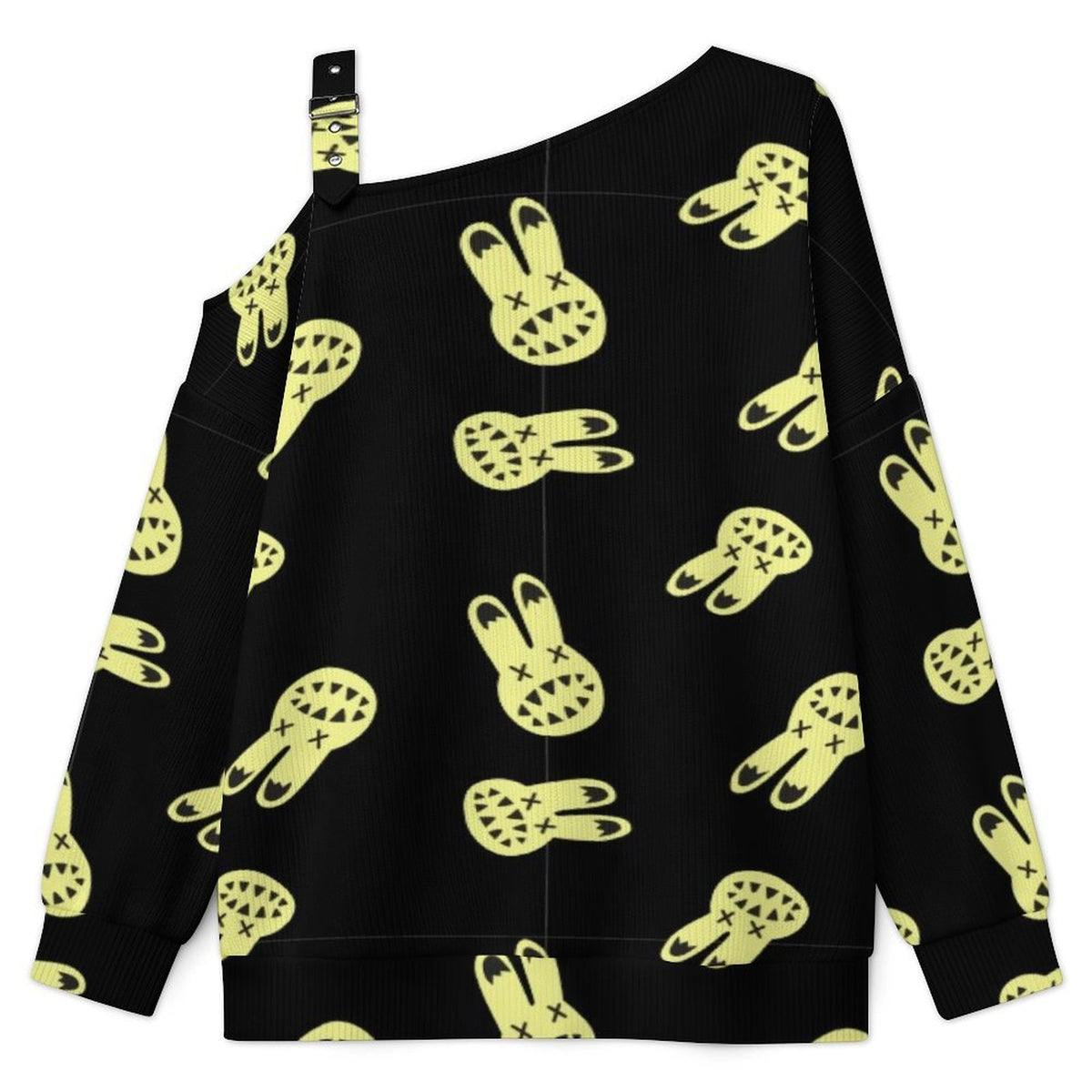 Off-the-shoulder Sweater Rabbit Background  Asymmetric Cold Shoulder Knit Sweater for Women, Adjustable Buckle Strap Long Sleeve Casual Slouchy Pullover