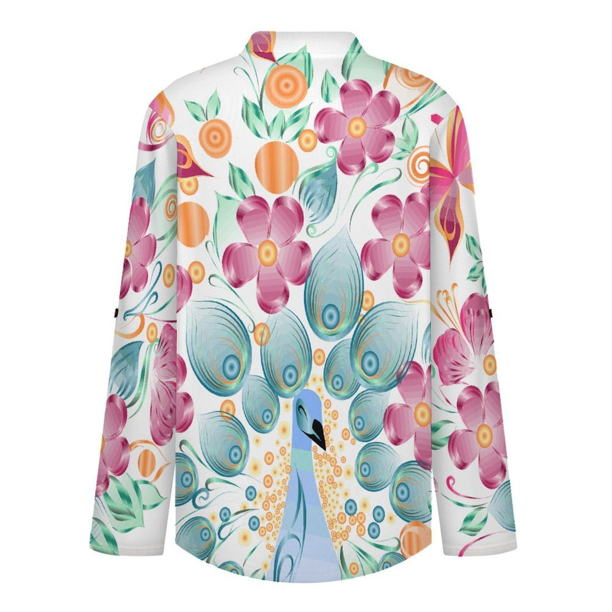 Stand-up Collar Long-sleeved Shirt Peacock Butterfly Flower  Customization Women’s V-Neck Blouses,long Sleeve,Roll-Up Sleeve Shirt
