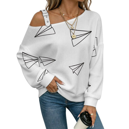 Off-the-shoulder Sweater Paper Aircraft Decorative Pattern  Asymmetric Cold Shoulder Knit Sweater for Women, Adjustable Buckle Strap Long Sleeve Casual Slouchy Pullover