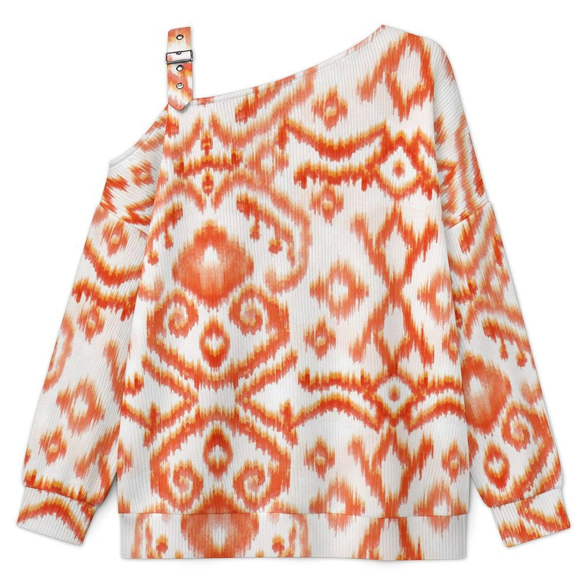 Off-the-shoulder Sweater European Retro Pattern  Asymmetric Cold Shoulder Knit Sweater for Women, Adjustable Buckle Strap Long Sleeve Casual Slouchy Pullover