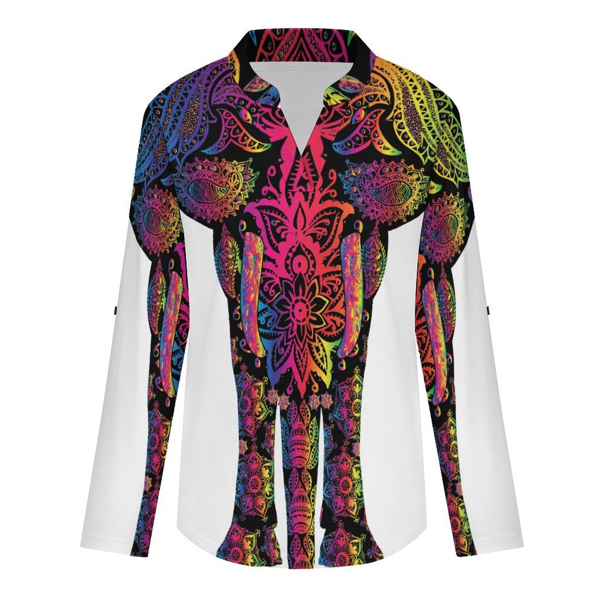 Stand-up Collar Long-sleeved Shirt Vintage Lines, Elephants  Customization Women’s V-Neck Blouses,long Sleeve,Roll-Up Sleeve Shirt