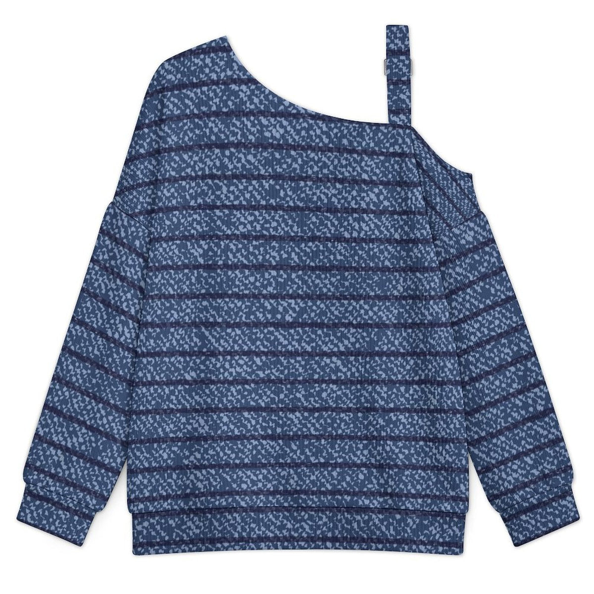 Off-the-shoulder Sweater Blue Stripe  Asymmetric Cold Shoulder Knit Sweater for Women, Adjustable Buckle Strap Long Sleeve Casual Slouchy Pullover