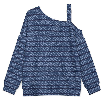 Off-the-shoulder Sweater Blue Stripe  Asymmetric Cold Shoulder Knit Sweater for Women, Adjustable Buckle Strap Long Sleeve Casual Slouchy Pullover