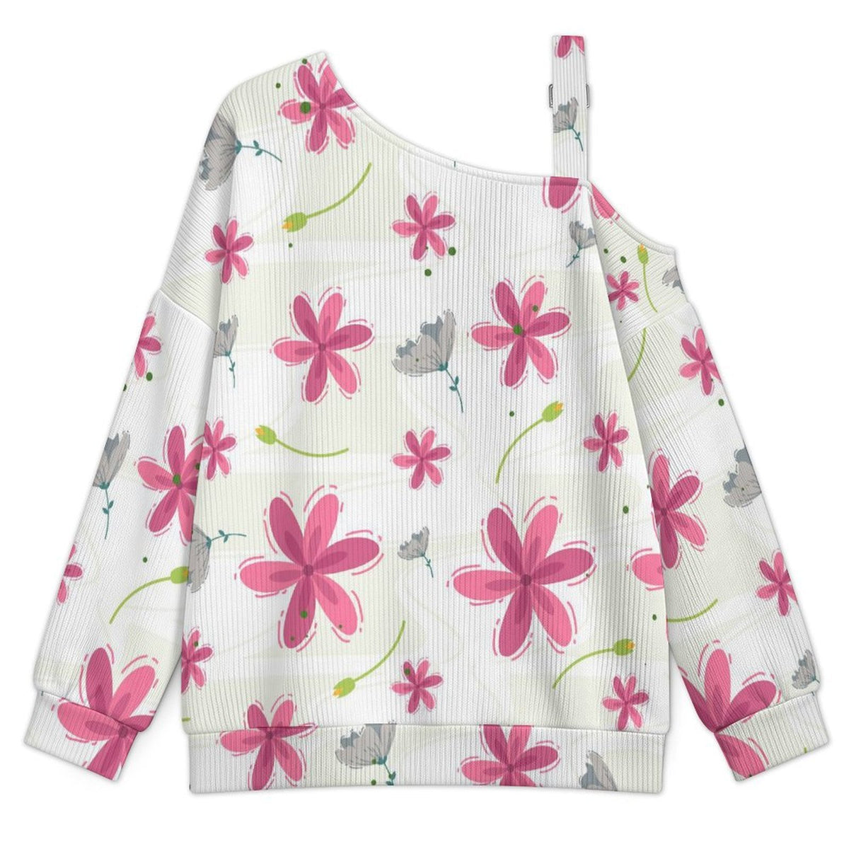 Off-the-shoulder Sweater Flowers, Leaves. Pattern Design  Asymmetric Cold Shoulder Knit Sweater for Women, Adjustable Buckle Strap Long Sleeve Casual Slouchy Pullover