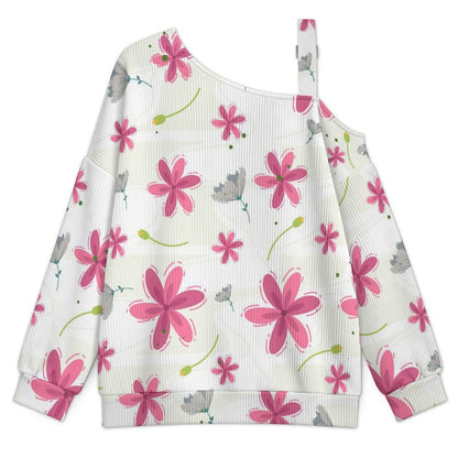Off-the-shoulder Sweater Flowers, Leaves. Pattern Design  Asymmetric Cold Shoulder Knit Sweater for Women, Adjustable Buckle Strap Long Sleeve Casual Slouchy Pullover