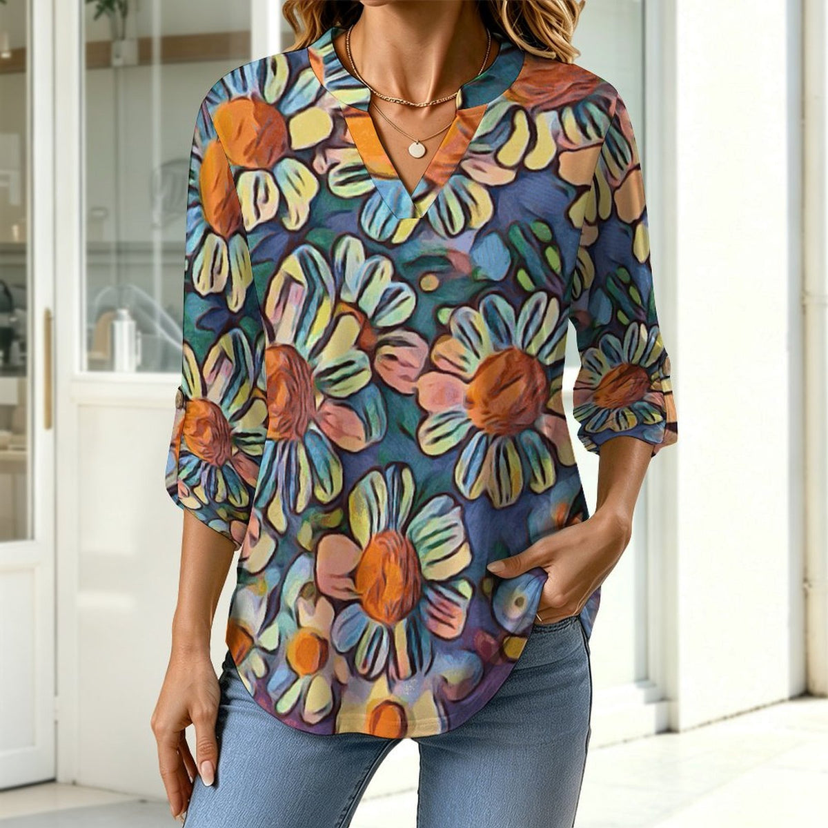 Oil Painting, Flowers, Sunflowers  Versatile Notched V-Neck Tunic | Roll Tab 3/4 Sleeve Office Casual Top