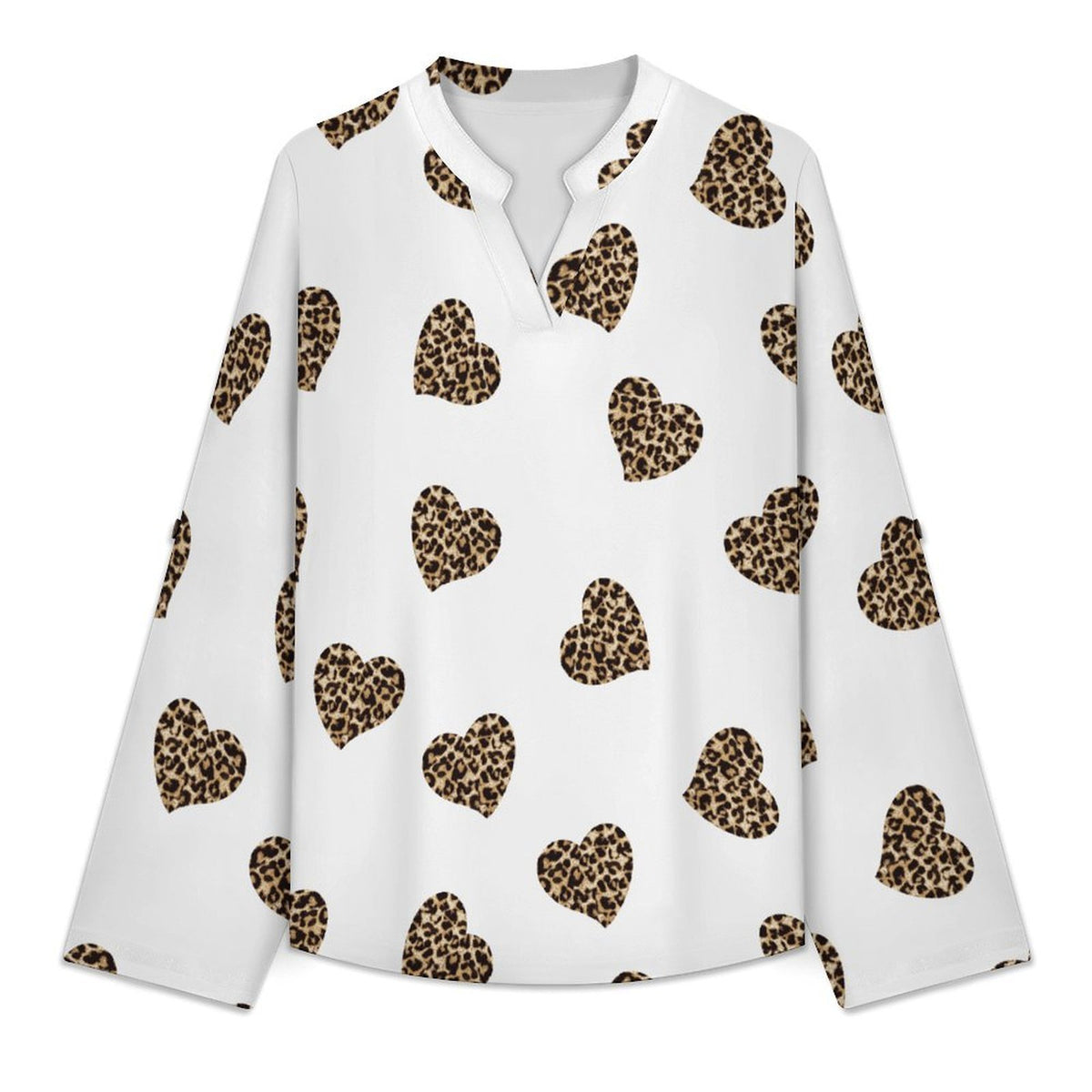 Peach Heart Leopard Grain Women's Notched V Neck Tunic Tops, Roll Up 3/4 Sleeve Button Cuff Casual Blouse, Hem Loose Work Shirts