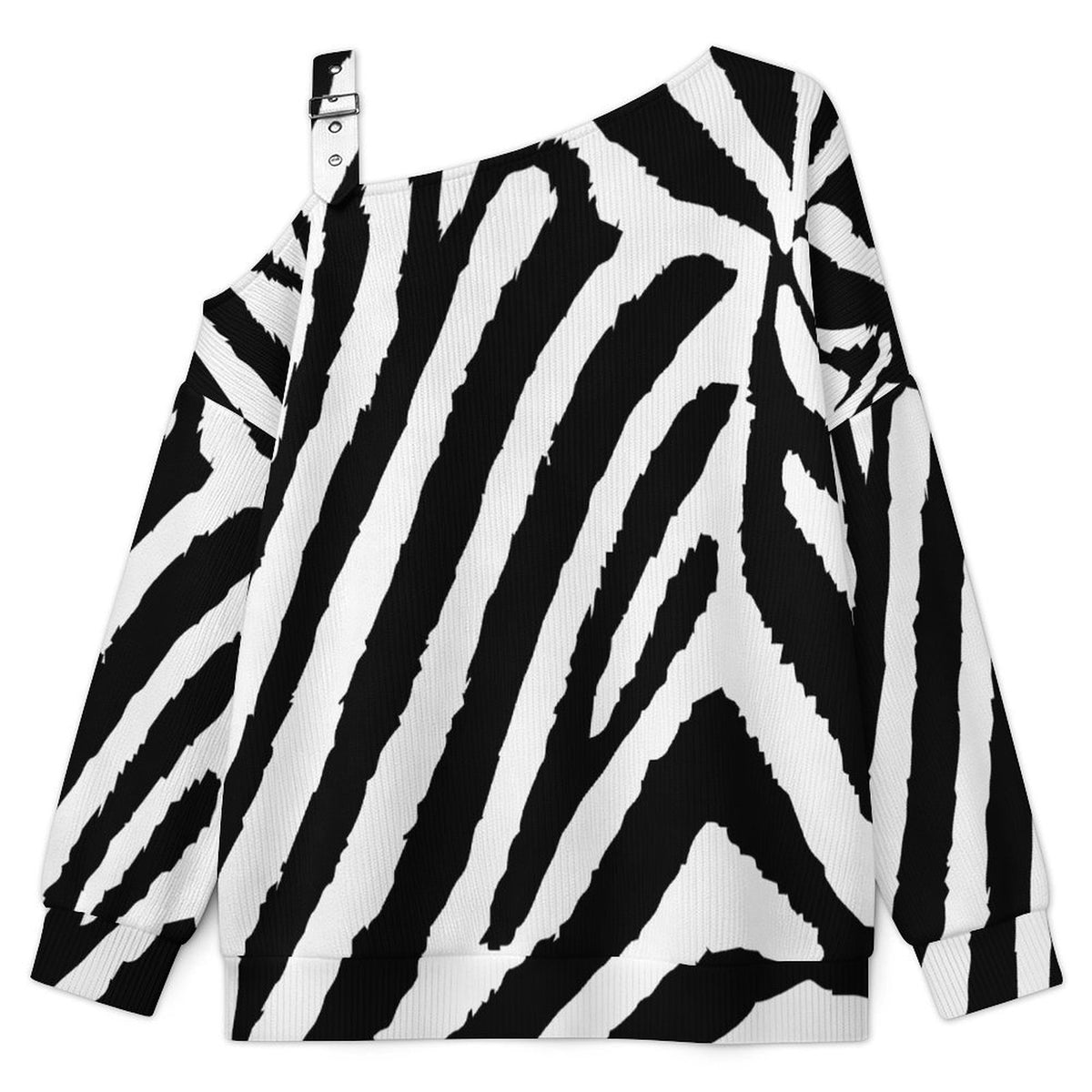 Off-the-shoulder Sweater Zebra Pattern  Asymmetric Cold Shoulder Knit Sweater for Women, Adjustable Buckle Strap Long Sleeve Casual Slouchy Pullover
