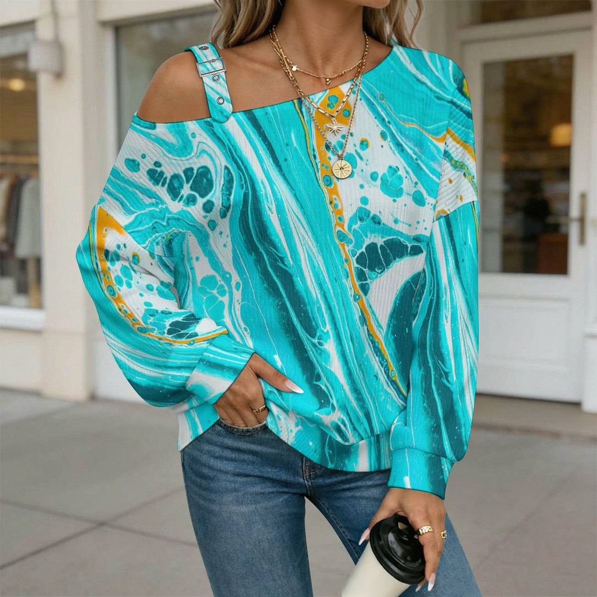 Fall Casual Asymmetric Shoulder Knit Top with Buckle Detail Pattern
