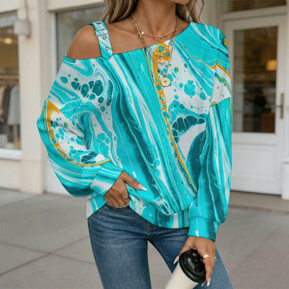 Fall Casual Asymmetric Shoulder Knit Top with Buckle Detail Pattern