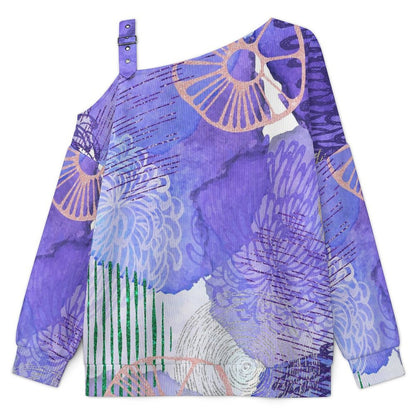 Off-the-shoulder Sweater Purple Pattern  Asymmetric Cold Shoulder Knit Sweater for Women, Adjustable Buckle Strap Long Sleeve Casual Slouchy Pullover