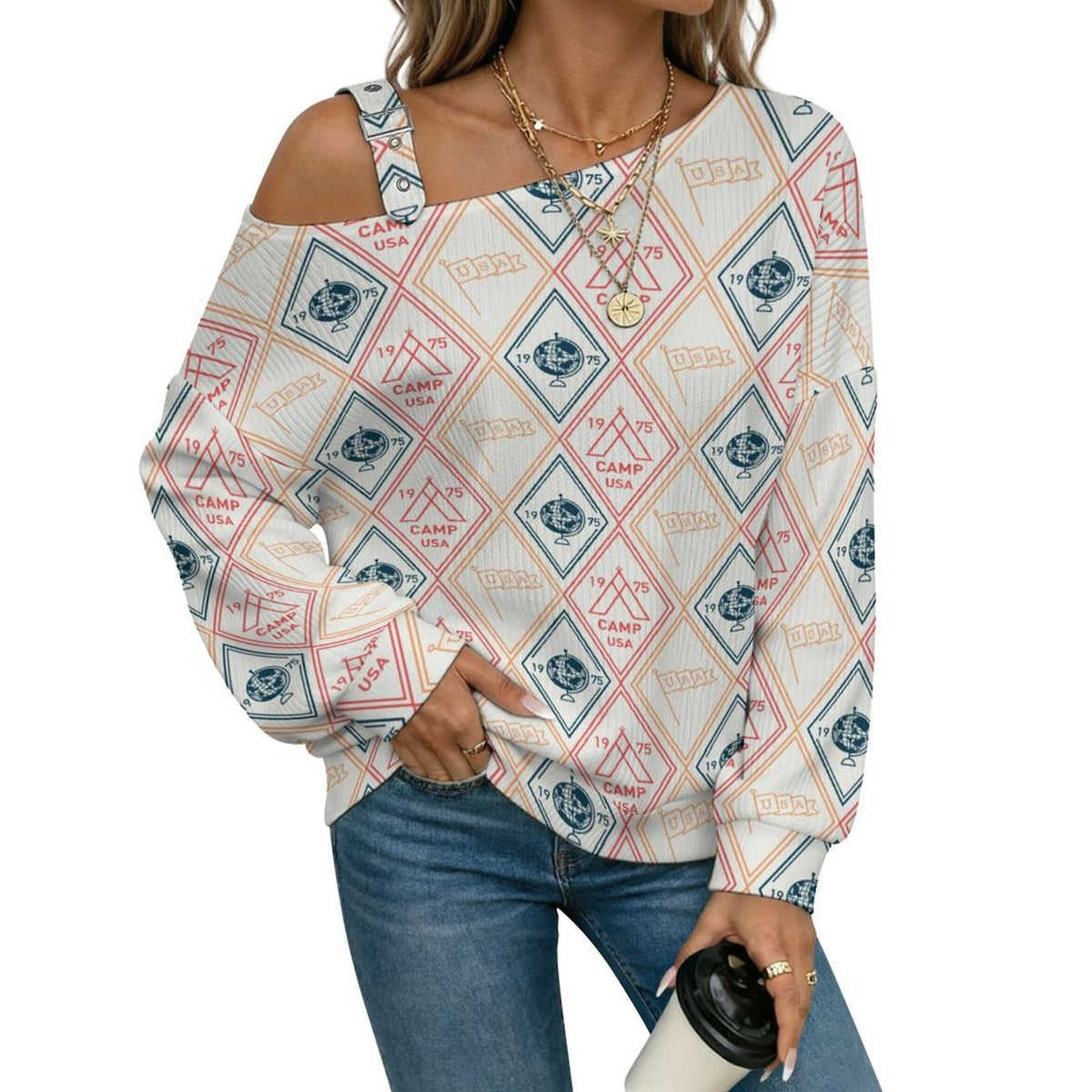 Off-the-shoulder Sweater Pattern  Asymmetric Cold Shoulder Knit Sweater for Women, Adjustable Buckle Strap Long Sleeve Casual Slouchy Pullover