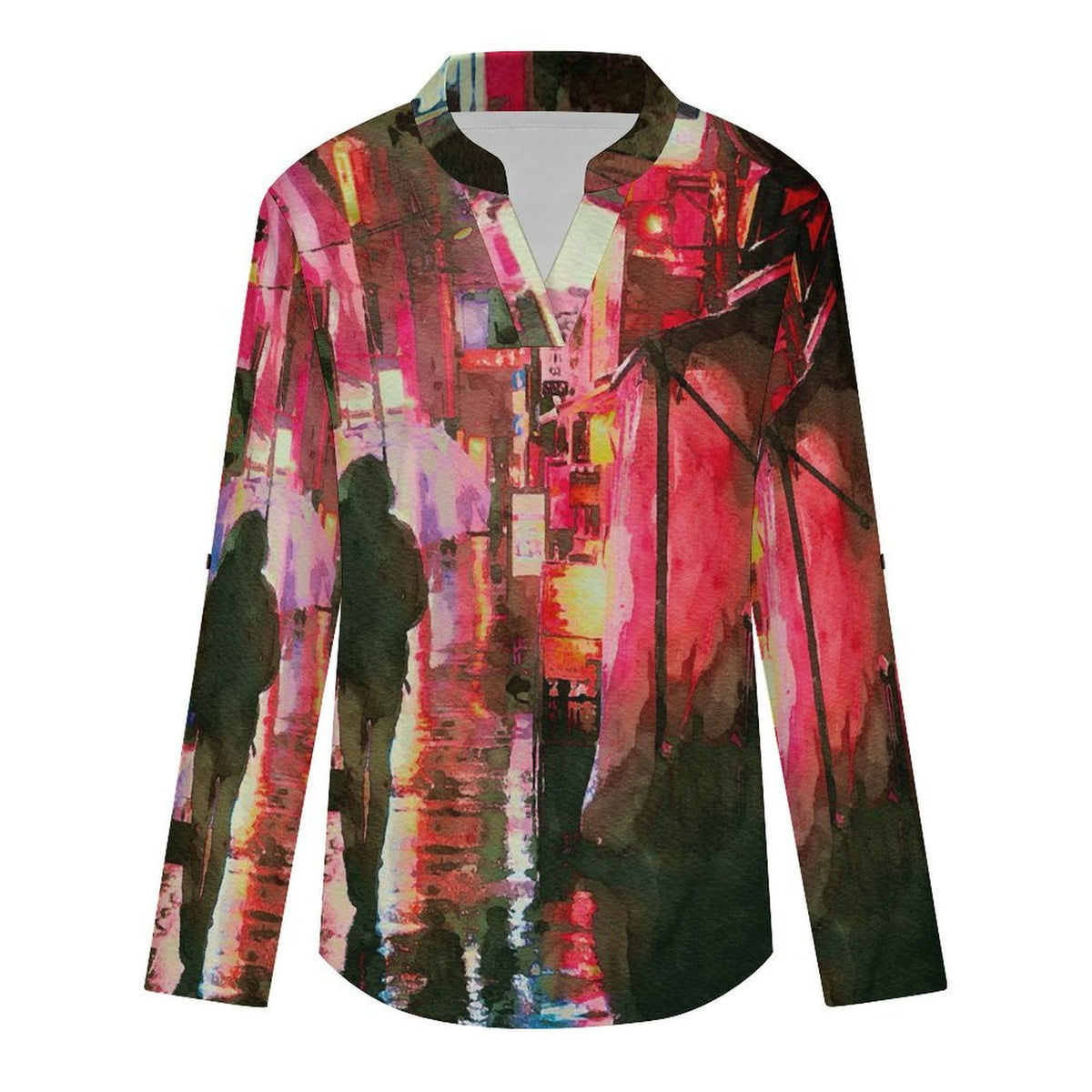 Stand-up Collar Long-sleeved Shirt Watercolor Painting, Late at Night, Lonely  Customization Women’s V-Neck Blouses,long Sleeve,Roll-Up Sleeve Shirt