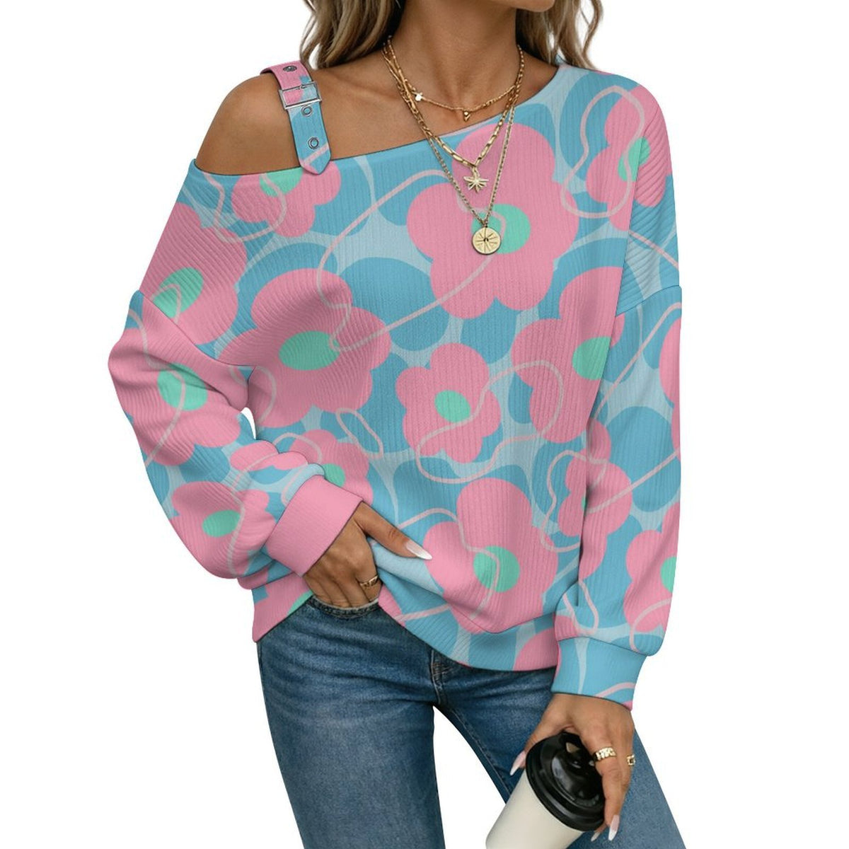 Off-the-shoulder Sweater Flower-repeat-pattern  Asymmetric Cold Shoulder Knit Sweater for Women, Adjustable Buckle Strap Long Sleeve Casual Slouchy Pullover