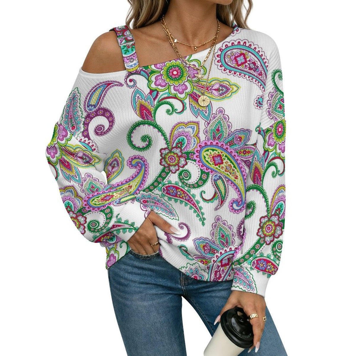 Women’s Off-Shoulder Knit Sweater Paisley