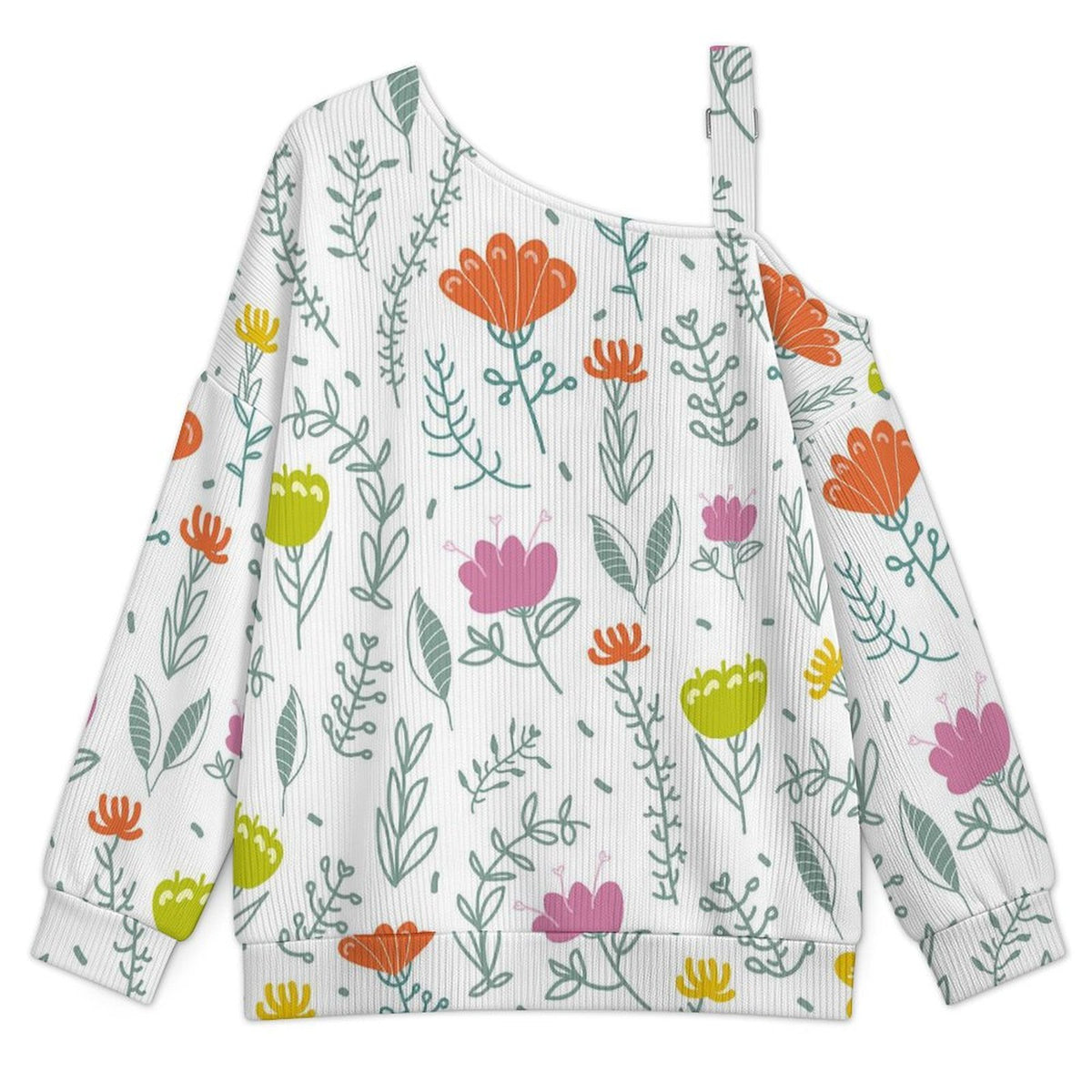 Off-the-shoulder Sweater Floral Pattern  Asymmetric Cold Shoulder Knit Sweater for Women, Adjustable Buckle Strap Long Sleeve Casual Slouchy Pullover