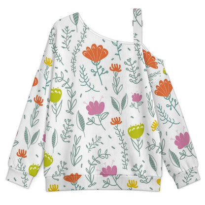 Off-the-shoulder Sweater Floral Pattern  Asymmetric Cold Shoulder Knit Sweater for Women, Adjustable Buckle Strap Long Sleeve Casual Slouchy Pullover
