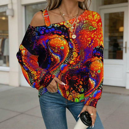 Off-the-shoulder Sweater Bubbles  Asymmetric Cold Shoulder Knit Sweater for Women, Adjustable Buckle Strap Long Sleeve Casual Slouchy Pullover