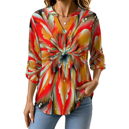 Stand-up Collar Long-sleeved Shirt Pattern  Customization Women’s V-Neck Blouses,long Sleeve,Roll-Up Sleeve Shirt